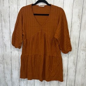 Lush Babydoll Tiered V Neck Short Sleeve Mini Dress Rust Orange Size Small